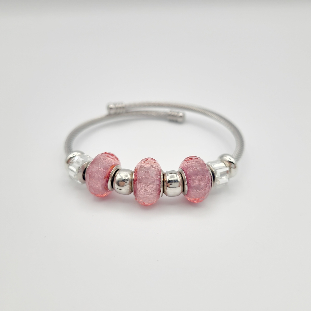 Silver Tone Cable Bracelet Pink Bead European Style Bracelet